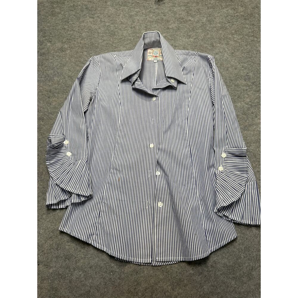 Bell Blue & White Stripe Cotton Blouse – Ruffle Bell Sleeves – Size 2